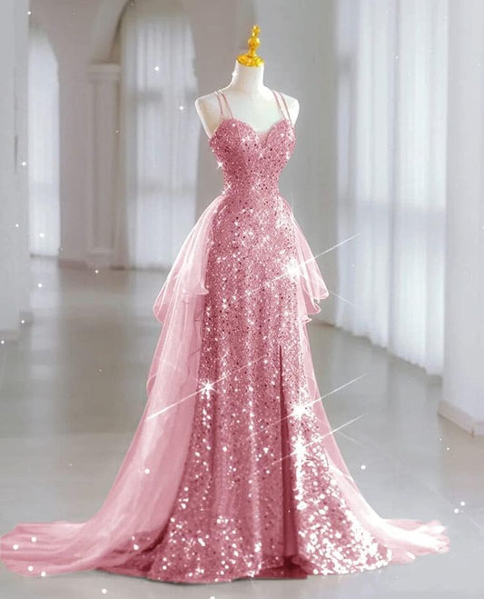 Glänzendes rosa Träger Etuikleid mit Pailletten, langes Partykleid, Geburtstagsoutfits, D258