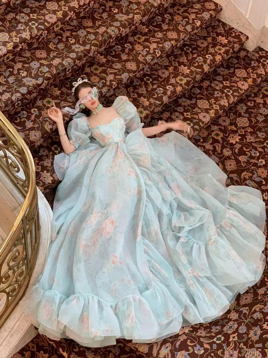 Hellblaues, A-Linien-Geburtstagskleid aus Chiffon mit Puffärmeln und Aufdruck, langes Partykleid, D268