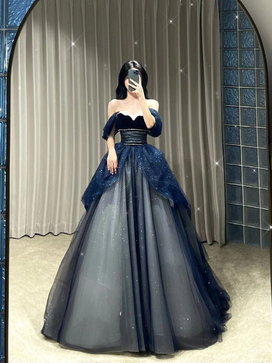 Robe de soirée longue bleu marine en tulle, épaules dénudées, coupe trapèze, D269
