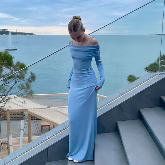 Blaues schulterfreies Etuikleid mit langen Ärmeln, Partykleid, Abendkleid, D273