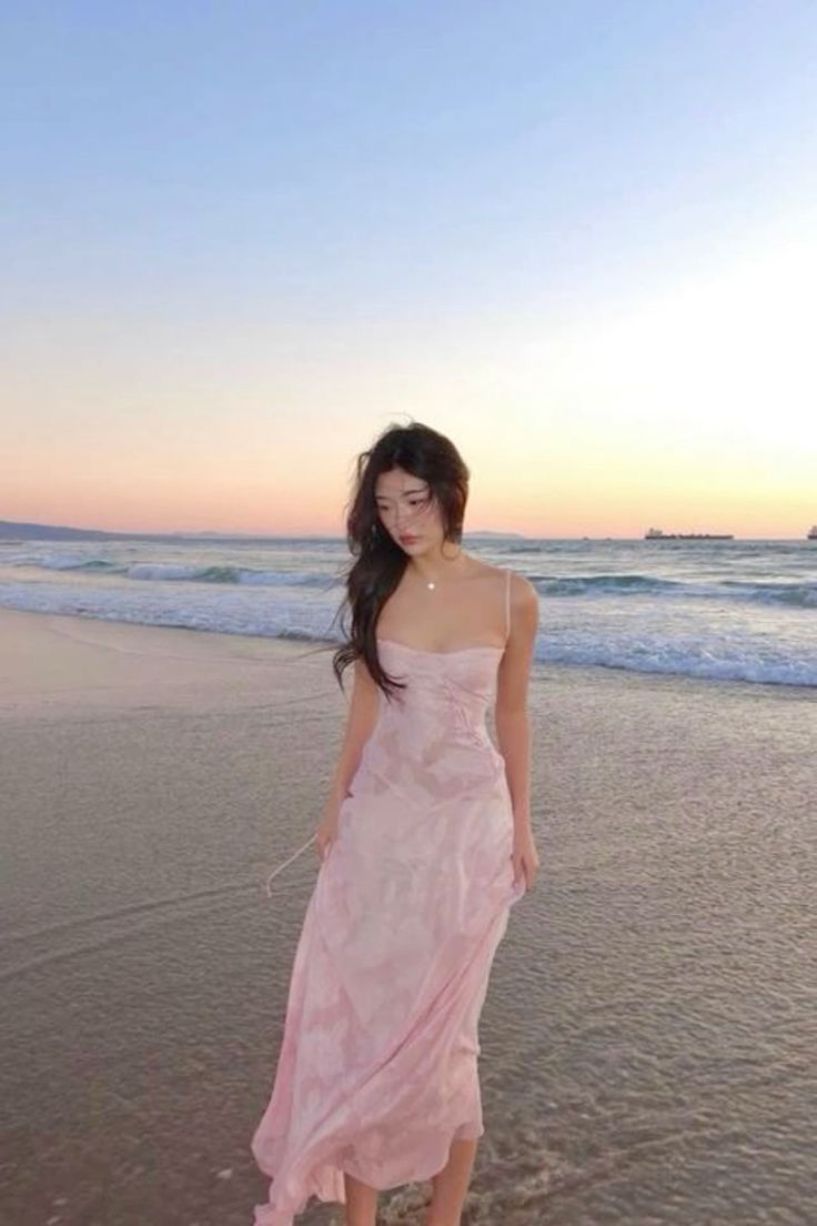 Rosa Spaghettiträger A-Linie Langes Partykleid Geburtstagskleid Strandkleid, D277