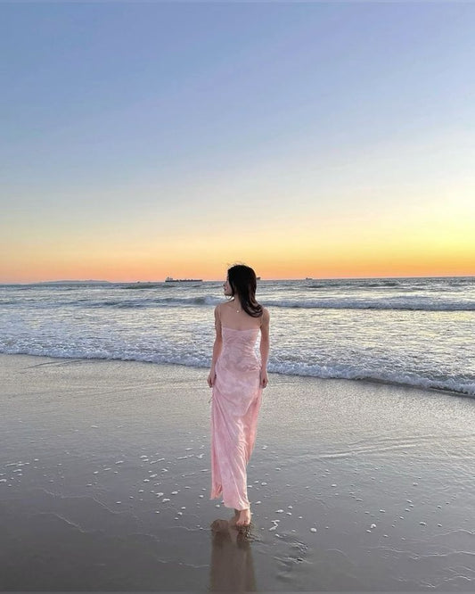 Rosa Spaghettiträger A-Linie Langes Partykleid Geburtstagskleid Strandkleid, D277