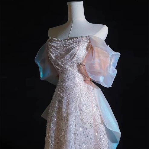 Robe de soirée longue rose clair à épaules dénudées et paillettes, coupe trapèze, MD7407