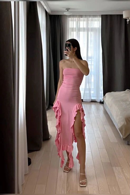 Black Strapless Sheath Ruffles Long Party Dress Wedding Guest Dress, D290