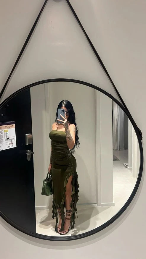 Robe de soirée longue bustier fourreau verte à volants, robe d'invitée de mariage, D291