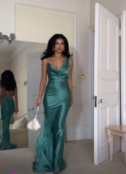 Robe fourreau longue en satin bleu à bretelles croisées dans le dos, robe de demoiselle d'honneur, D292