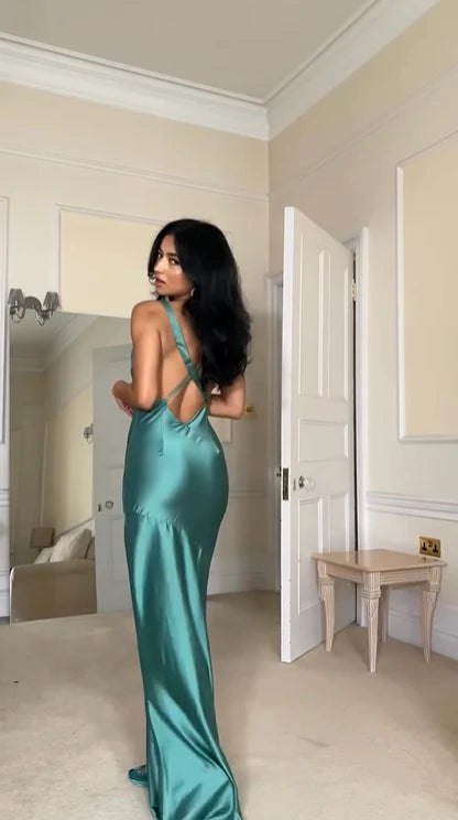 Robe fourreau longue en satin bleu à bretelles croisées dans le dos, robe de demoiselle d'honneur, D292