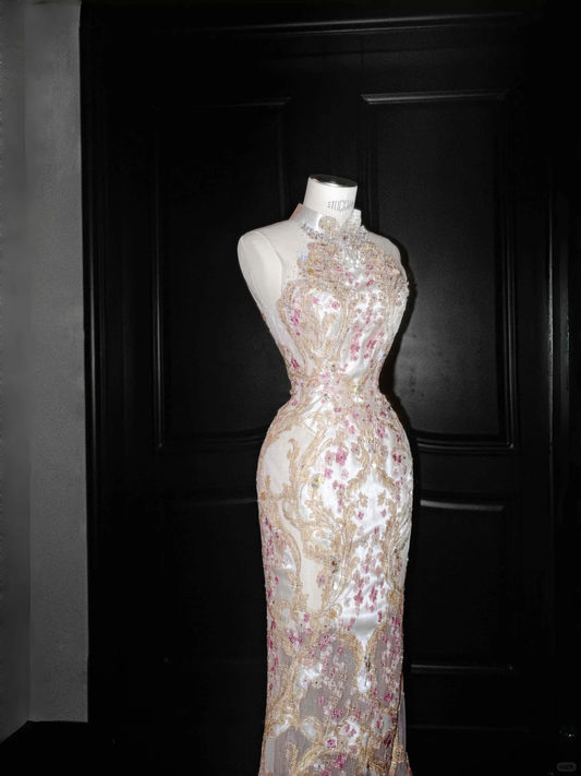 Gorgeous High Neck See-Through Beading Mermaid Long Evening Party Dress, D799