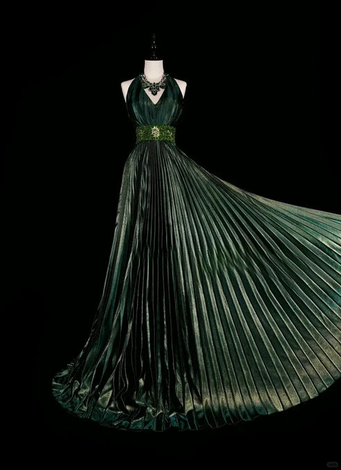 Dunkelgrünes Neckholder-A-Linien-Kleid mit Perlenbesatz im Vintage-Stil, langes Abend- und Partykleid, D896