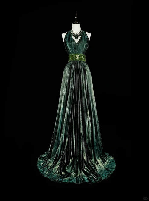 Dunkelgrünes Neckholder-A-Linien-Kleid mit Perlenbesatz im Vintage-Stil, langes Abend- und Partykleid, D896