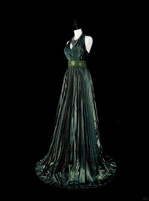 Dark Green Halter Neck A-Line Beading Vintage Long Evening Party Dress, D896