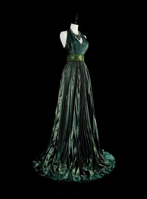Dark Green Halter Neck A-Line Beading Vintage Long Evening Party Dress, D896