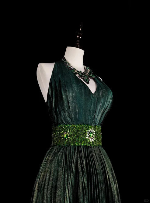 Dark Green Halter Neck A-Line Beading Vintage Long Evening Party Dress, D896