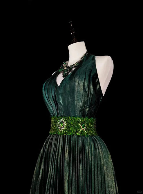 Dark Green Halter Neck A-Line Beading Vintage Long Evening Party Dress, D896
