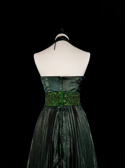Dark Green Halter Neck A-Line Beading Vintage Long Evening Party Dress, D896