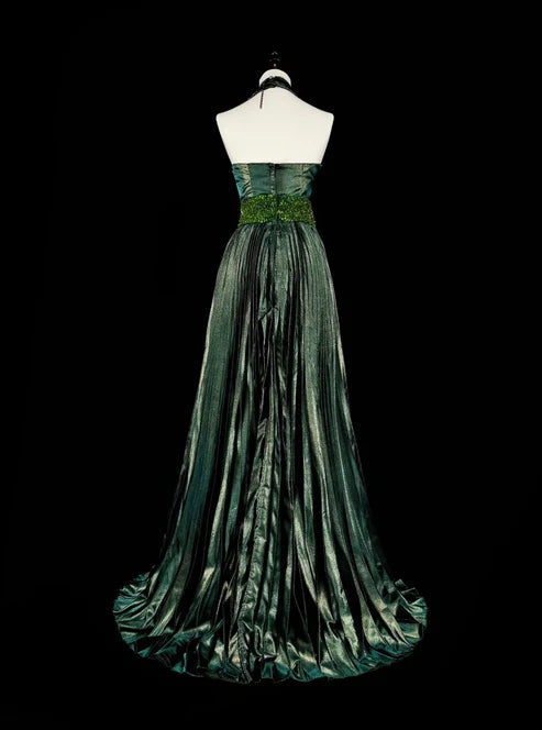 Dark Green Halter Neck A-Line Beading Vintage Long Evening Party Dress, D896