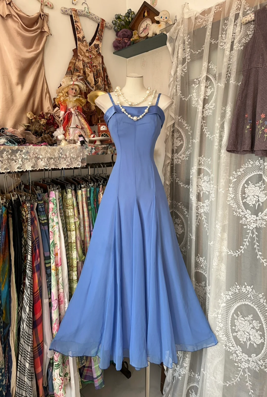 Blaues Spaghettiträger-A-Linien-Vintage-Partykleid, langes Ballkleid, D323