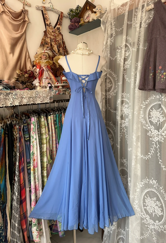 Blaues Spaghettiträger-A-Linien-Vintage-Partykleid, langes Ballkleid, D323
