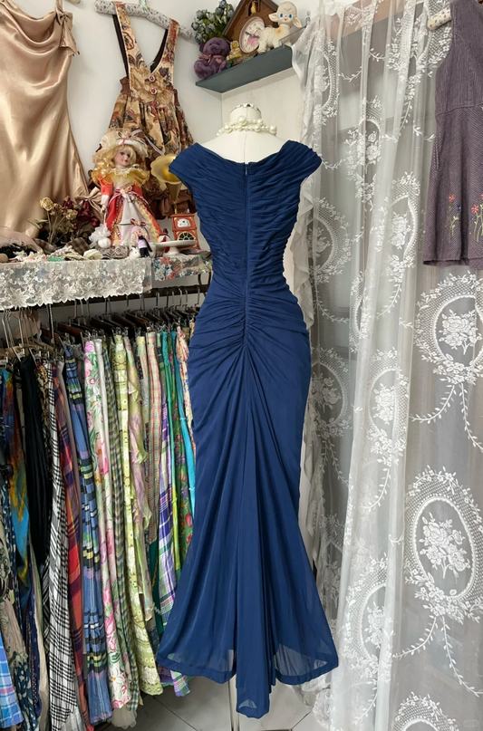 Elegantes ärmelloses Meerjungfrau-Vintage-Ballkleid, langes formelles Partykleid, D324