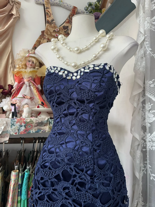 Robe de bal longue style sirène bleu marine, bustier, perles, style vintage, robe de soirée formelle, D327