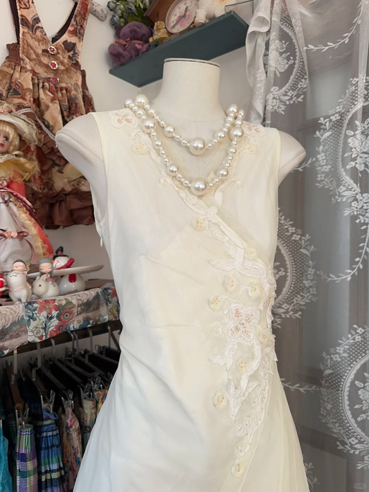 Light Ivory V Neck Sleeveless A-Line Vintage Long Evening Party Dress, D334