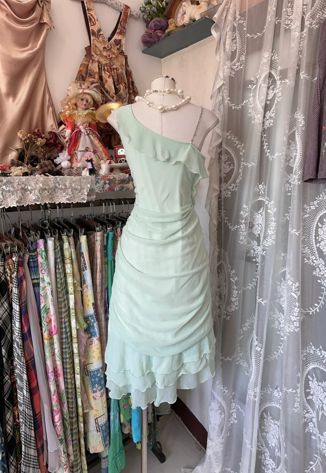 Sage Green Chiffon Ruffles Midi Length Vintage Party Dress Cocktail Dress, D336