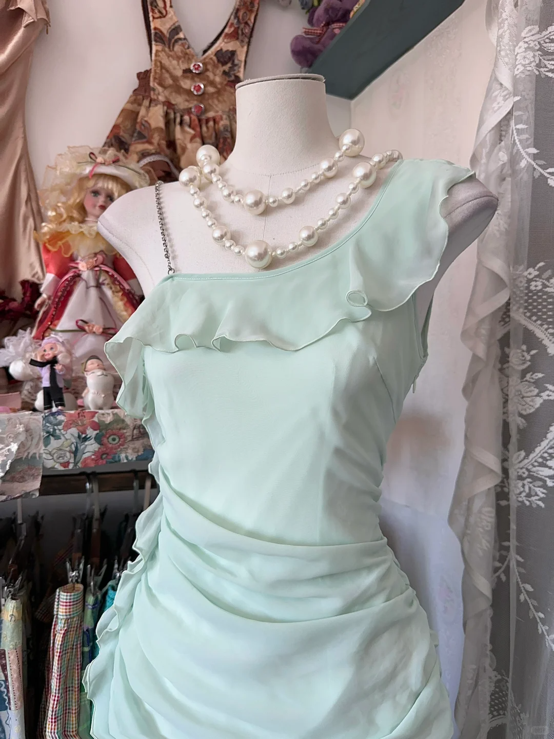 Sage Green Chiffon Ruffles Midi Length Vintage Party Dress Cocktail Dress, D336