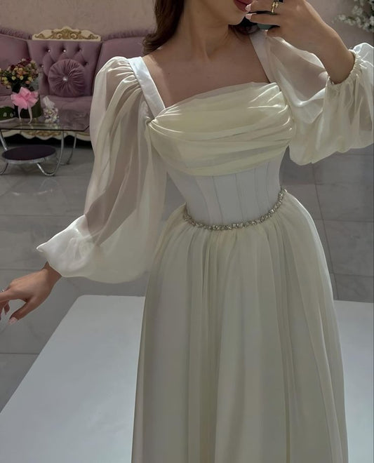 Elegant Ivory Long Sleeves A-Line Long Party Dress Formal Prom Dress, D345