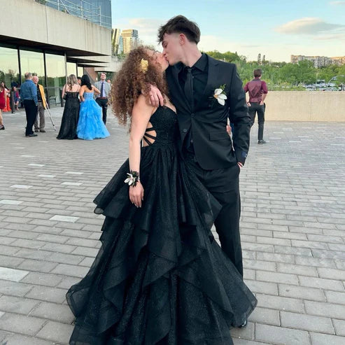 Black Straps A-Line Backless Shiny Long Party Dress Birthday Ball Gown, D346