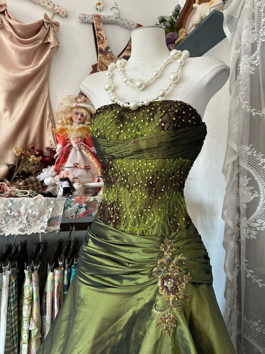 Green Strapless A-Line Beading Satin Vintage Long Party Dress Prom Dress, D347