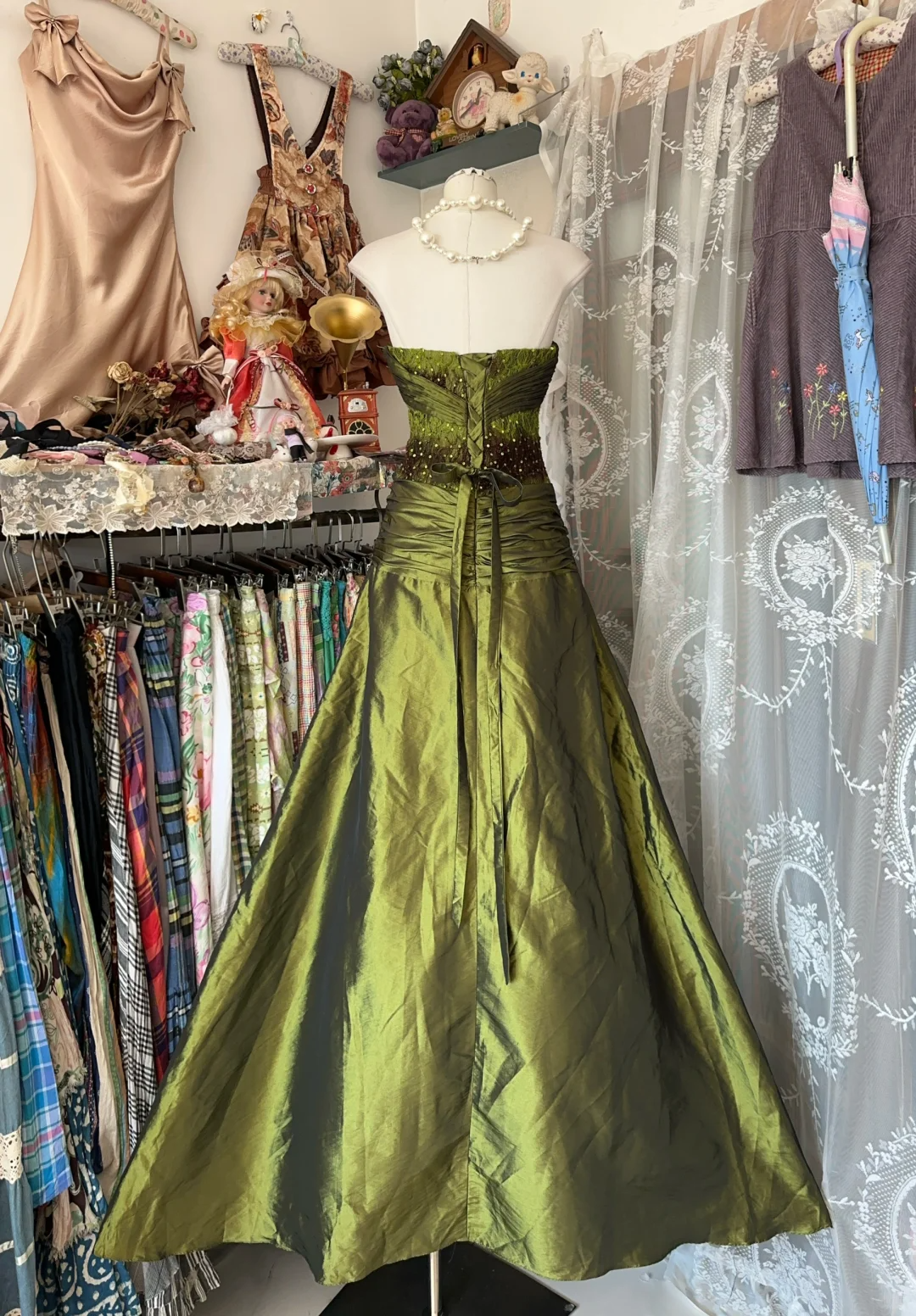 Green Strapless A-Line Beading Satin Vintage Long Party Dress Prom Dress, D347