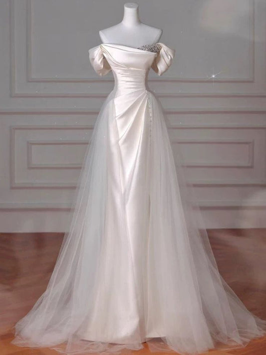 Elegantes schulterfreies Meerjungfrau-Satin-Hochzeitskleid, Ballkleid, D348