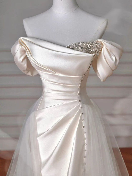 Elegantes schulterfreies Meerjungfrau-Satin-Hochzeitskleid, Ballkleid, D348