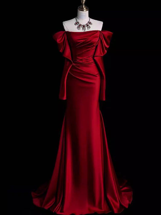 Elegant Off Shoulder Mermaid Satin Red Long Prom Dress Formal Party Dress, D349