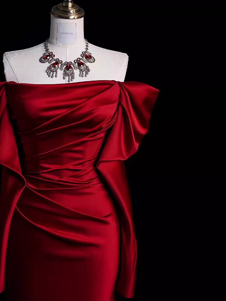 Elegant Off Shoulder Mermaid Satin Red Long Prom Dress Formal Party Dress, D349