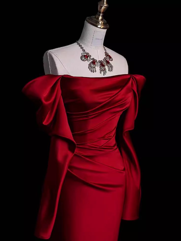 Elegant Off Shoulder Mermaid Satin Red Long Prom Dress Formal Party Dress, D349