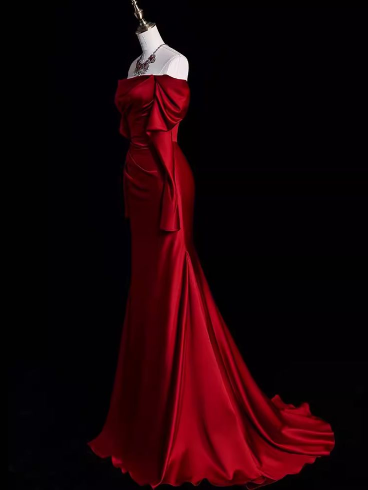 Elegant Off Shoulder Mermaid Satin Red Long Prom Dress Formal Party Dress, D349