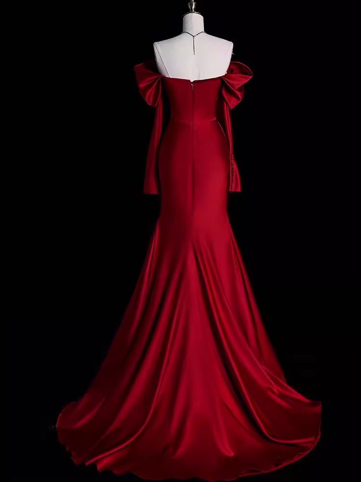 Elegant Off Shoulder Mermaid Satin Red Long Prom Dress Formal Party Dress, D349