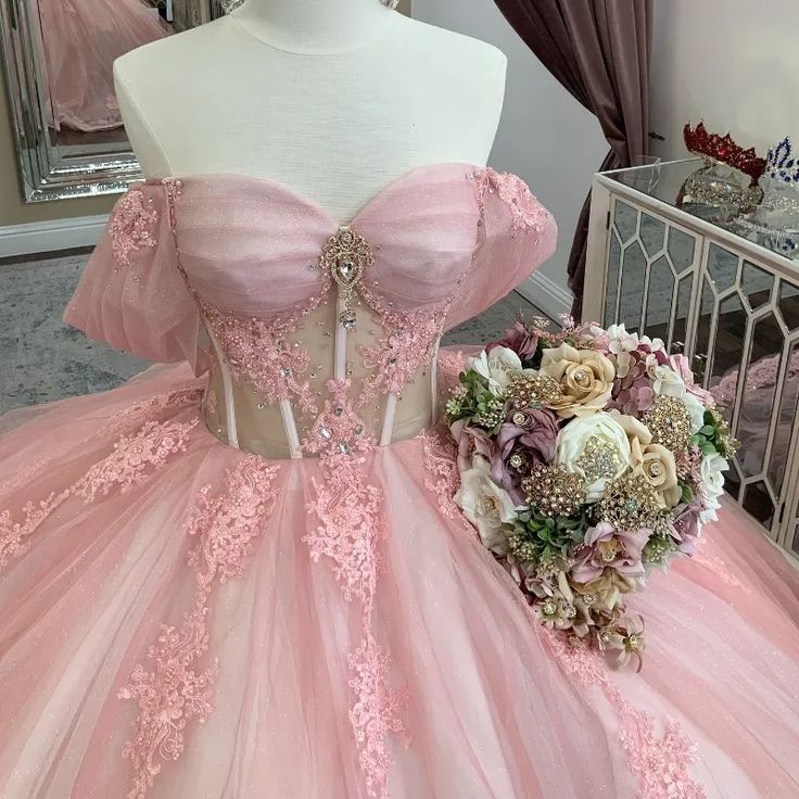 Pink Off Shoulder A-Line Tulle Sweet 16 Birthday Ball Gown Quinceanera Dress, D352