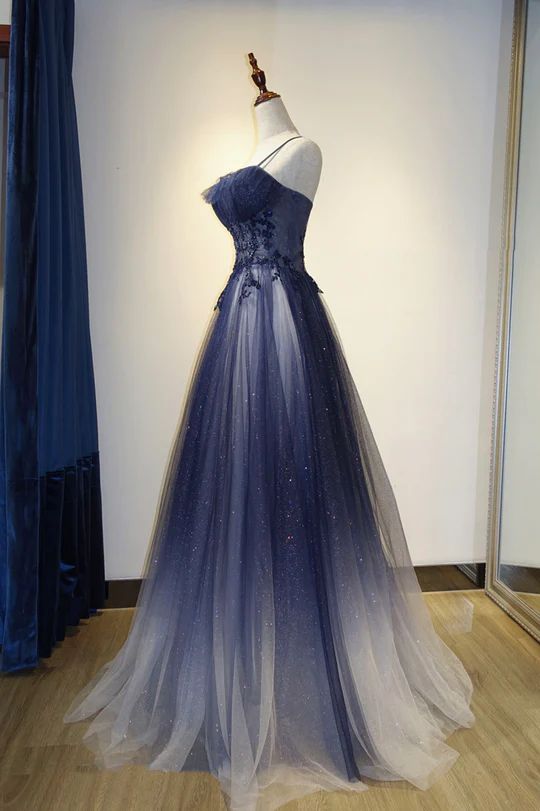 Navy Blue Spaghetti Strapsless A-Line Tulle Ombre Long Formal Prom Dress, D353