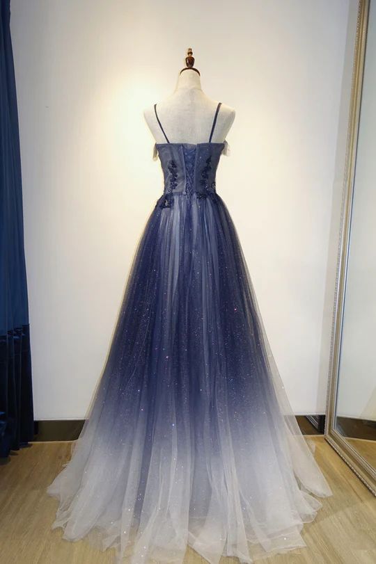 Navy Blue Spaghetti Strapsless A-Line Tulle Ombre Long Formal Prom Dress, D353