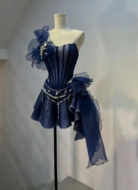 Wunderschönes marineblaues trägerloses A-Linien-Partykleid, glänzendes Mini-Geburtstagskleid, D357
