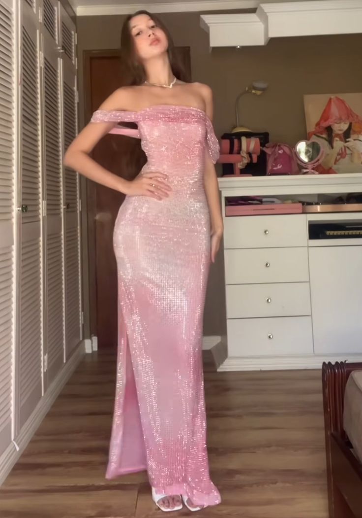 Shiny Pink Off Shoulder Sheath Long Party Dress Evening Prom Dress, D359