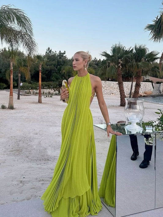 Green Halter Backless A-Line Chiffon Long Party Dress Elegant Evening Dress, D364