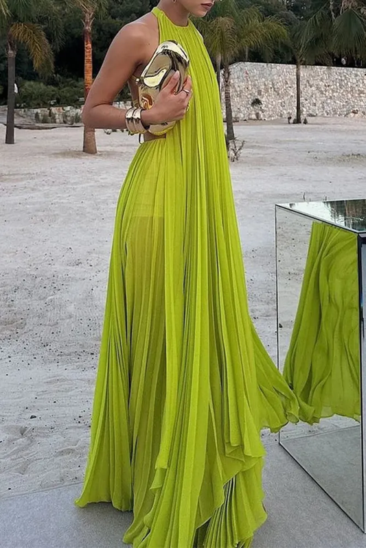 Green Halter Backless A-Line Chiffon Long Party Dress Elegant Evening Dress, D364