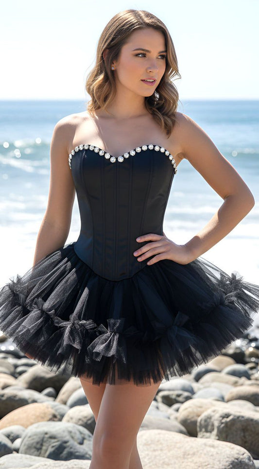 Unique Homecoming Dress Sweetheart Tulle Rinestone Pearl Back to School Outfits Party Dress D7829