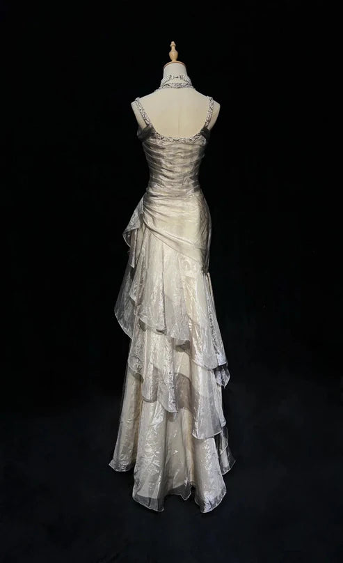 Robe de soirée fourreau en mousseline de soie, style vintage, longue, à bretelles champagne, D365