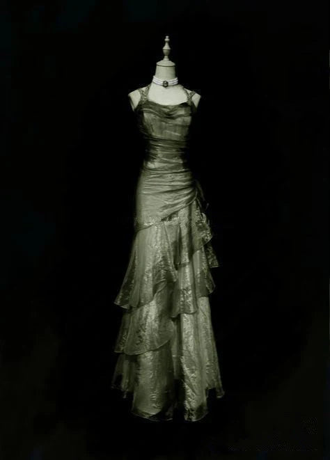 Green Straps Sheath Chiffon Vintage Long Prom Dress Evening Party Dress, D366