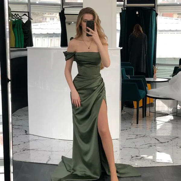 Olive Green Off Shoulder Sheath Satin Long Prom Dress Evening Party Dress, D367