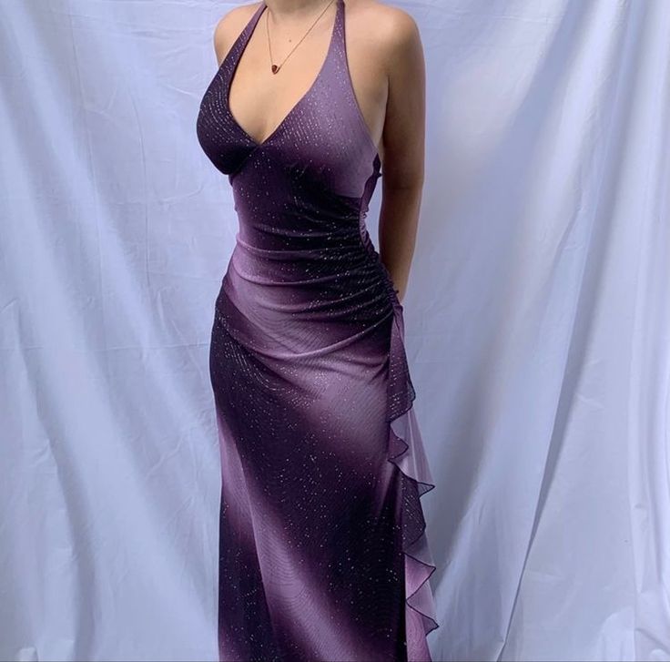 Purple Gradient Halter Sheath Chiffon Long Party Dress Vintage Evening Dress, D369
